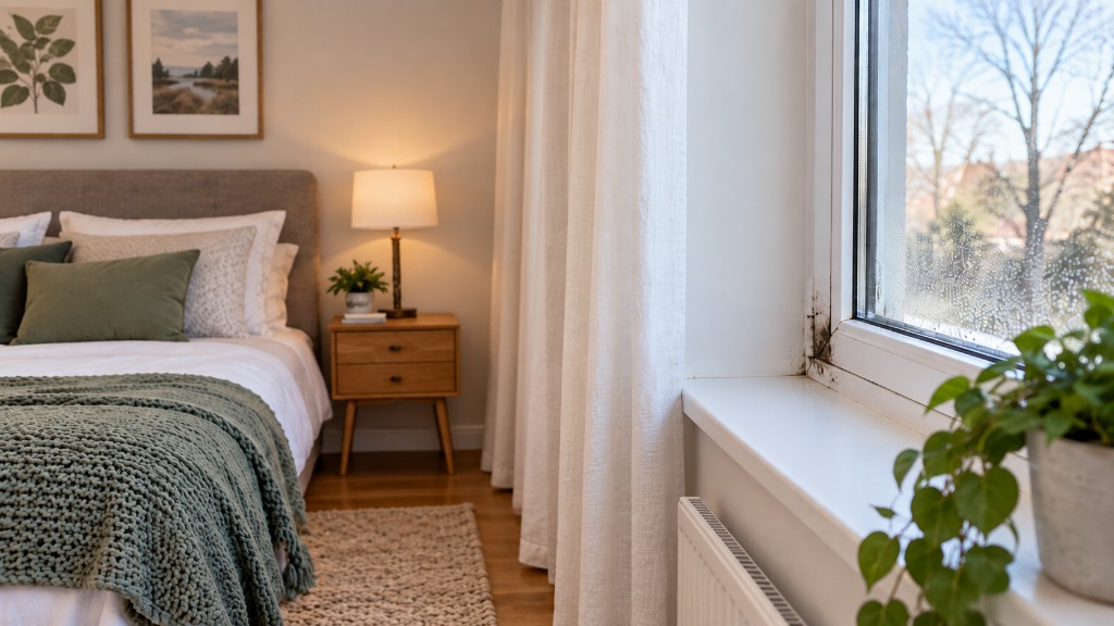 Bedroom window with condensation on the glass and mold at the frame