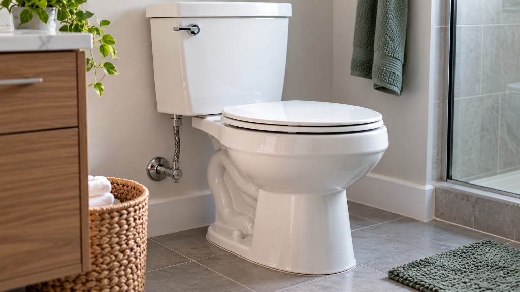 White toilet in a modern bathroom with the supply line and shutoff valve visible