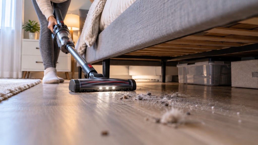 Person vacuuming dust and debris from the floor under a bed