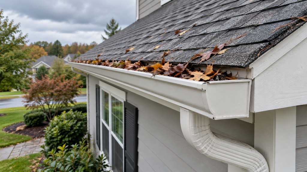 White gutter packed with autumn leaves on a suburban house roof edge
