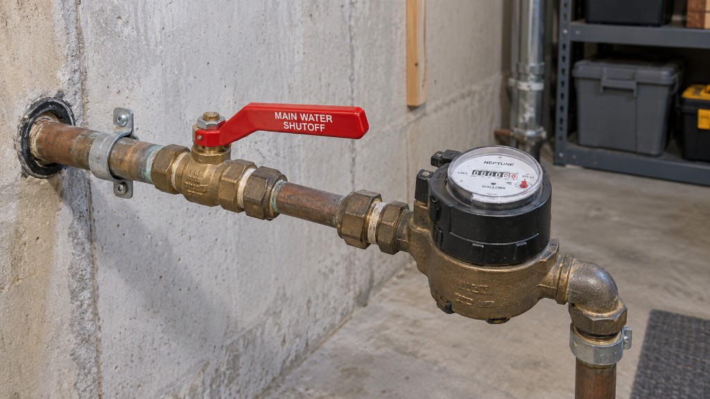 Labeled red main water shutoff lever on a copper pipe next to a water meter