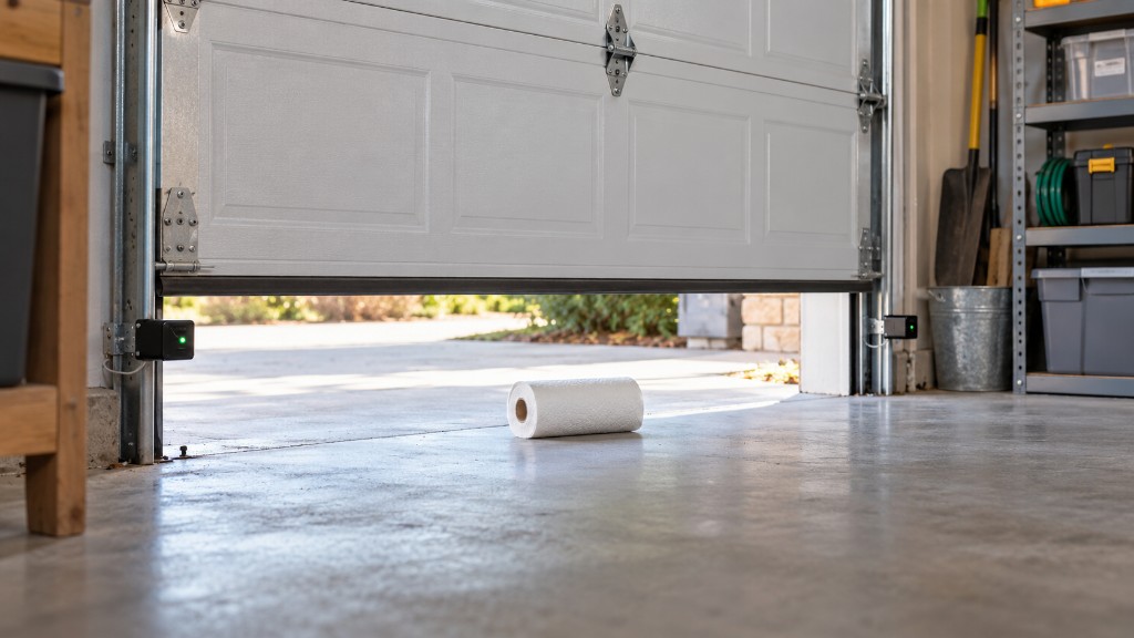 White garage door partially open with photo-eye sensors and a paper towel roll on the garage floor