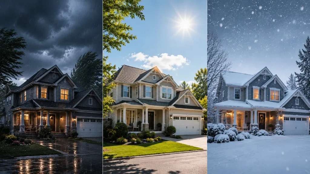 Suburban home shown in stormy, sunny, and snowy weather conditions